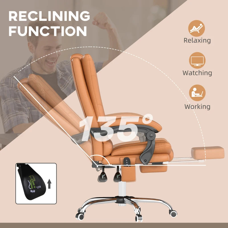 Vinsetto High Back Massage Office Chair with Heat, Reclining PU Leather Computer Chair, 135° Recline & Footrest - Light Brown