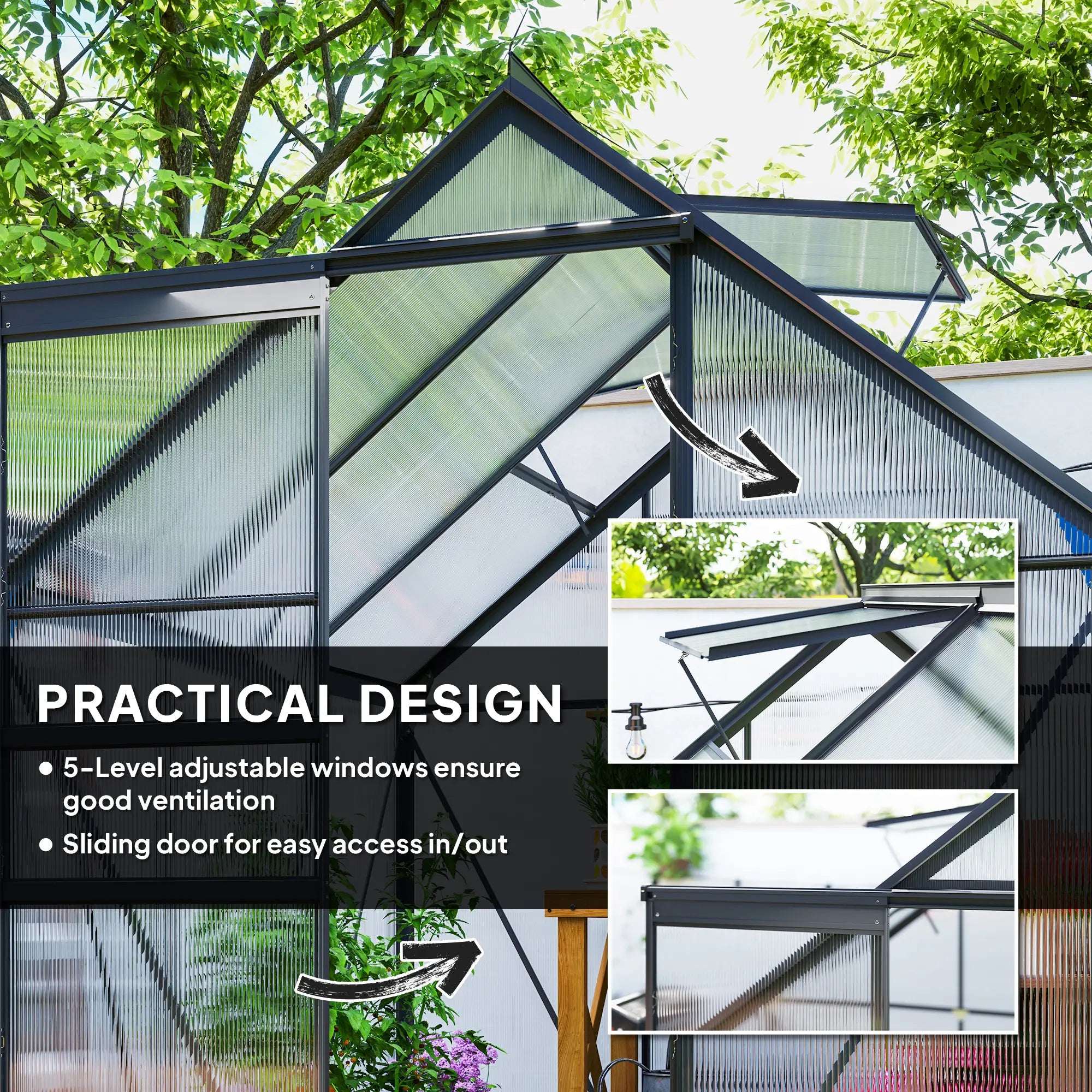 190cm x 190cm Walk-In Polycarbonate Greenhouse With Window - Grey