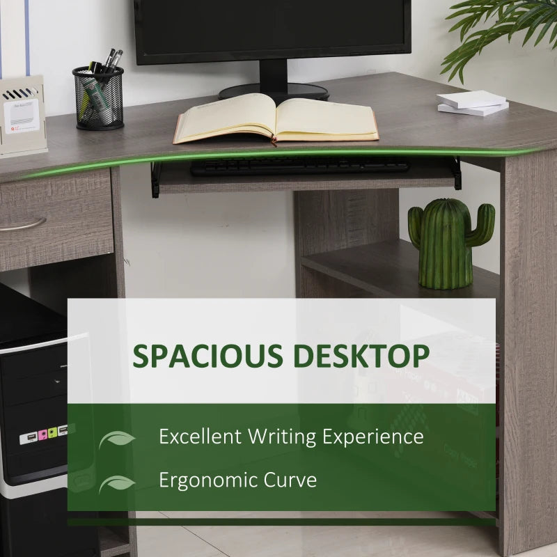 L-Shaped Corner Computer Desk with 2 Shelves, Keyboard Tray, Drawer & CPU Stand - Grey Home Office Furniture