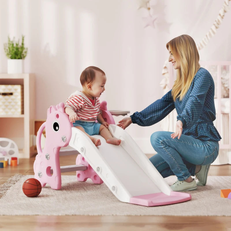 Giraffe Shape 3 in 1 Kids Slide Climber with Basketball Hoop for Indoor Play Age 1-3 Pink
