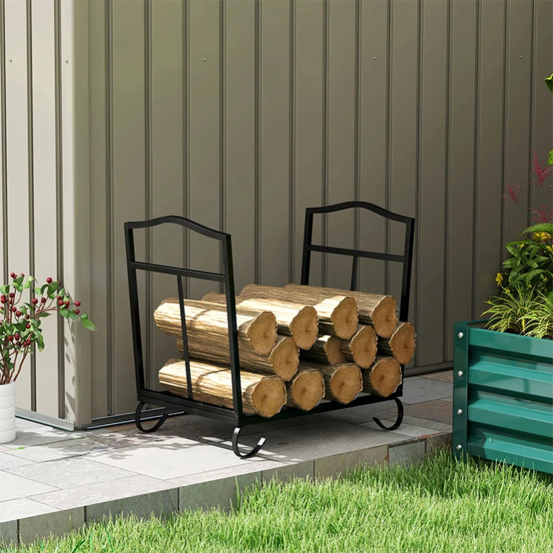 Metal Firewood Log Holder Rack - Indoor Outdoor Folding Fireplace Wood Storage Shelf, Rust-Resistant, Black, 48x34x37cm