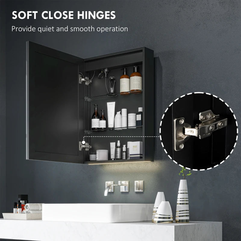 LED Bathroom Mirror Cabinet with Shaver Socket 500 x 700 mm Wall Mounted with Demister Pad Dimmer and 3 Colour Options Black