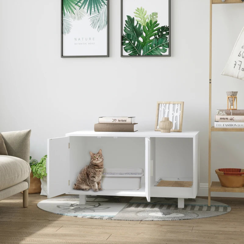 Wooden Cat Litter Box Enclosure with Nightstand Design, Scratching Post & Magnetic Doors - Stylish White Cat House