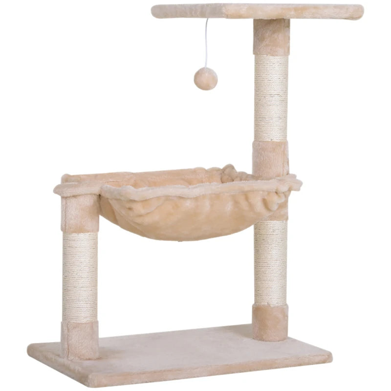 Beige Cat Scratch Post with Bed - Indoor Cat Tree & Hammock, Sisal Scratching Posts for Active Kittens