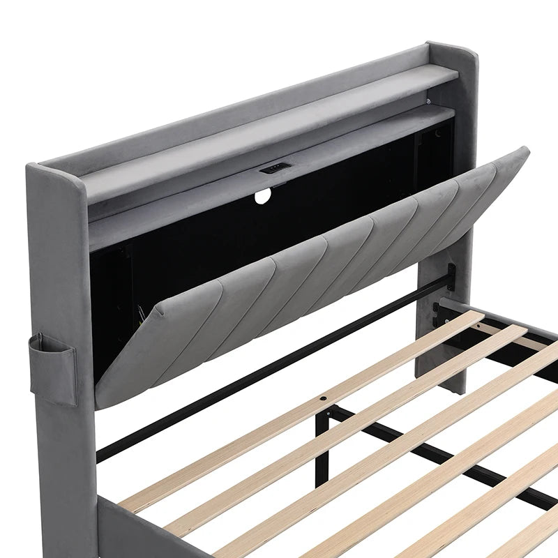 Velvet Upholstered Double Bed with Storage & LED Light Strip, 4 USB Ports, Grey - 204L x 140W x 107H cm