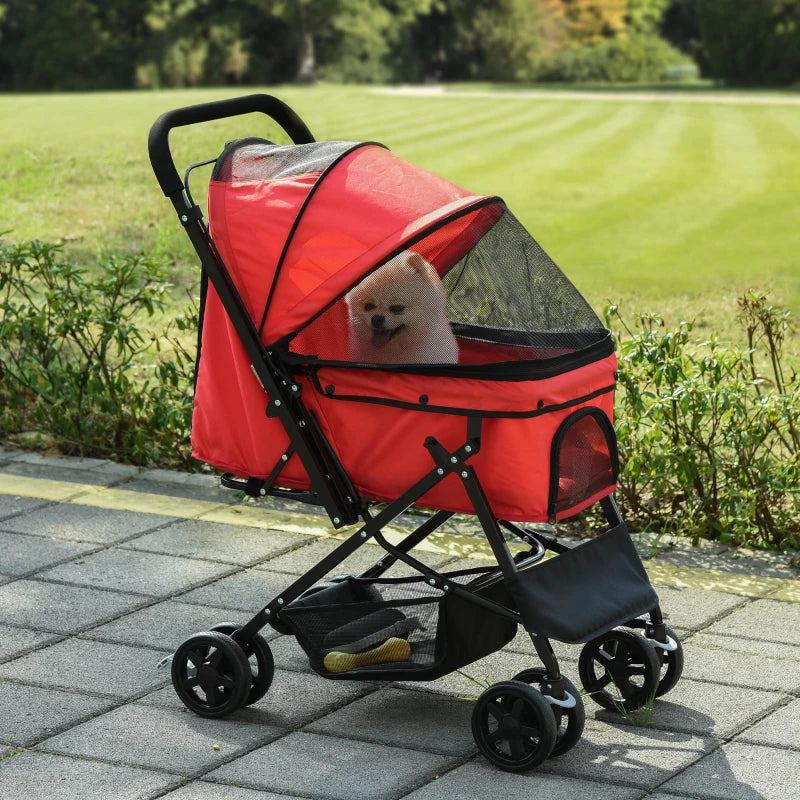 Foldable Pet Stroller for Dogs & Cats - Travel Pushchair with Reversible Handle, Brake & Storage Basket