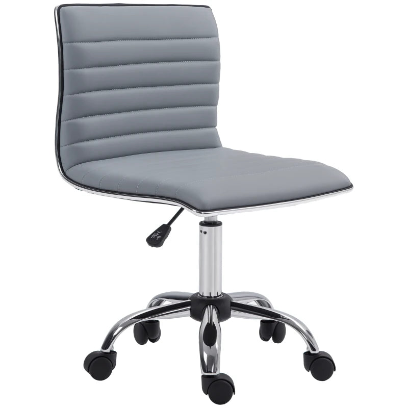 Light Grey Armless Task Desk Chair - Swivel Faux Leather Office Chair with Adjustable Height & Chrome Base for Home