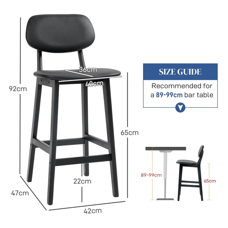 Set of 2 Classic Black Wooden Bar Stools with Faux Leather Seats - Stylish & Durable Design for Home or Bar