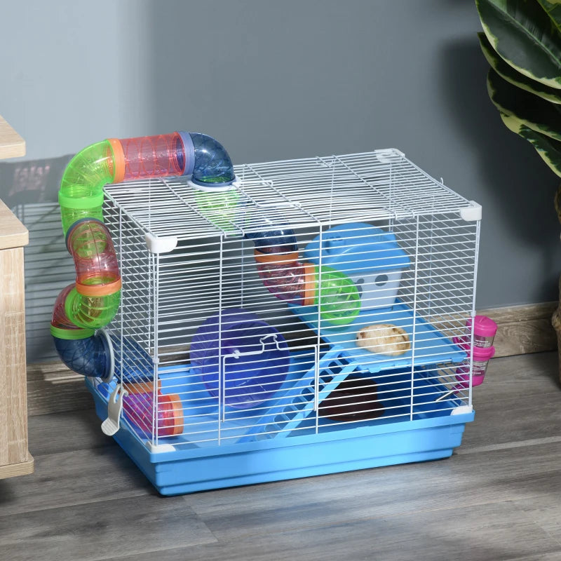 Blue 2-Tier Hamster Cage with Handle, Exercise Wheels, Tunnel, Water Bottle & Accessories for Dwarf Gerbils