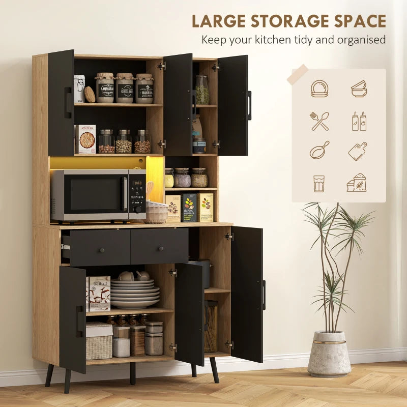 176 cm Modern Kitchen Cupboard with LED Lights - Stylish Oak and Black Storage Solution for Home