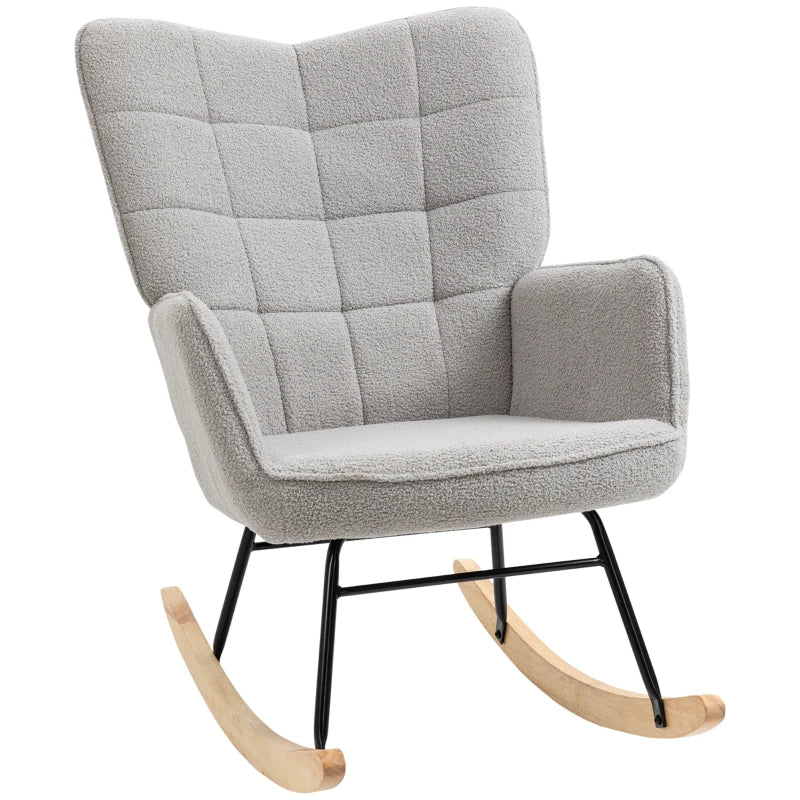Berber Fleece Nursery Glider Rocker for Nursing, Wingback Rocking Chair in Light Grey for Living Room