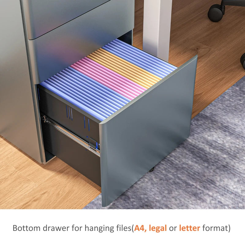 Vinsetto Lockable Rolling Filing Cabinet - 3 Drawer Steel Office Storage Unit for A4, Letter & Legal Files