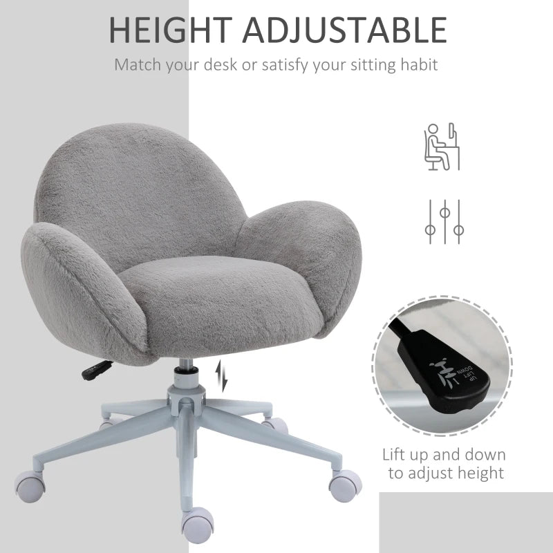 Cute Fluffy Makeup Vanity Chair with Rolling Wheels - Stylish Grey Desk Chair for Bedroom & Living Room