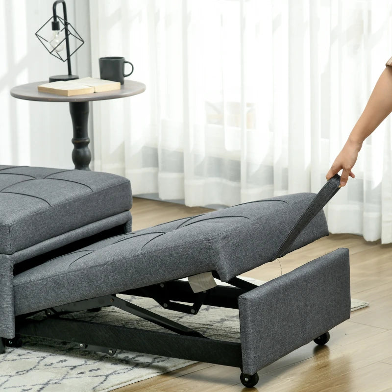 4-in-1 Convertible Chair Bed with Adjustable Backrest, Side Pocket, Wheels and Pillow for Living Room, Grey