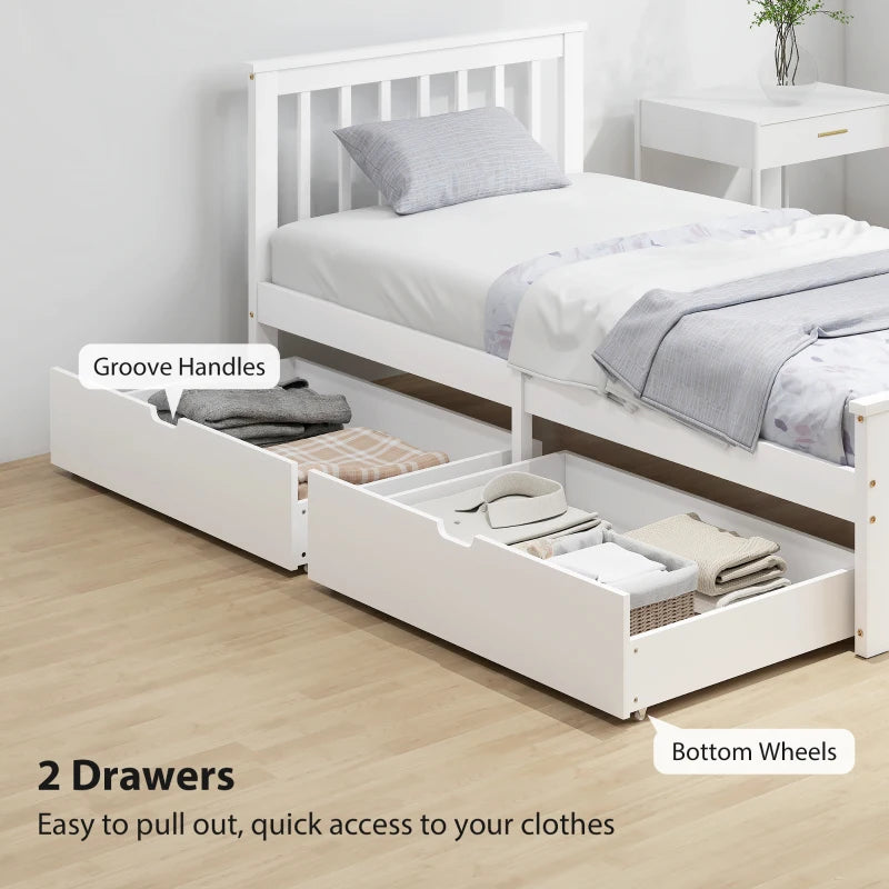 Stylish White Wooden Single Bed Frame with Storage Drawers - Perfect for Kids and Guest Rooms
