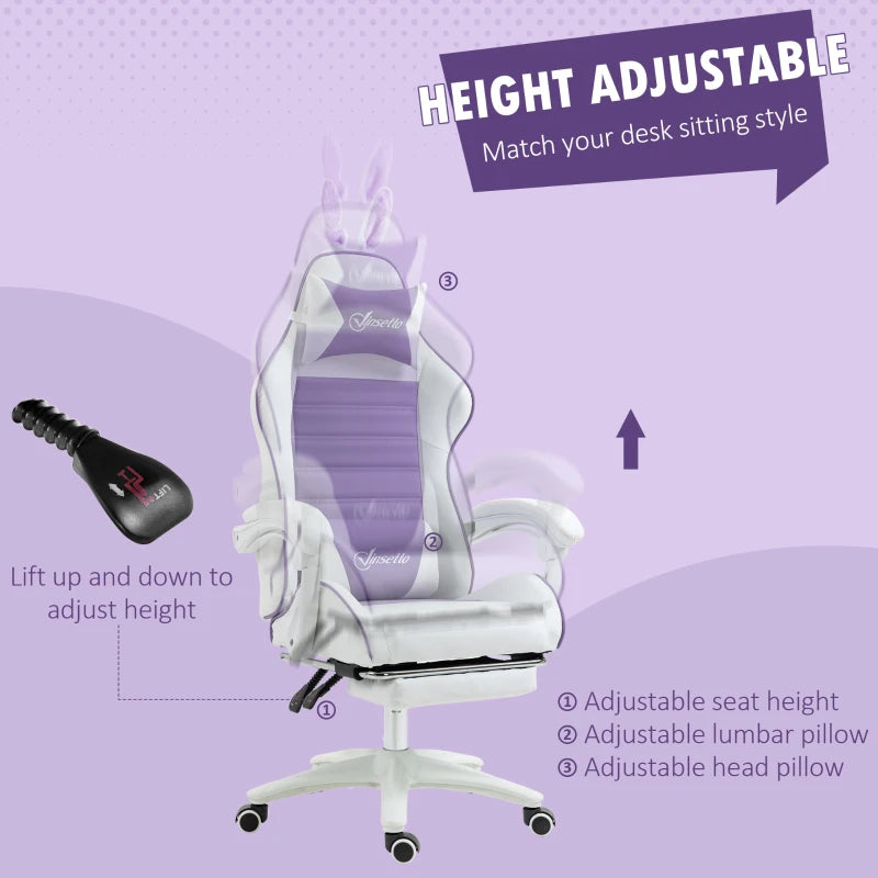 Vinsetto Purple Racing Gaming Chair - Reclining PU Leather with Removable Rabbit Ears, Footrest, Headrest & Lumbar Support