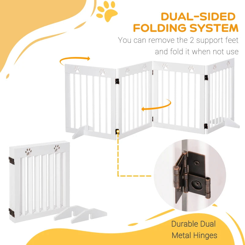 Freestanding 4-Panel Wooden Pet Gate - Folding Dog Barrier Safety Fence, 204cm Long, 61cm Tall for Doorways & Stairs - White