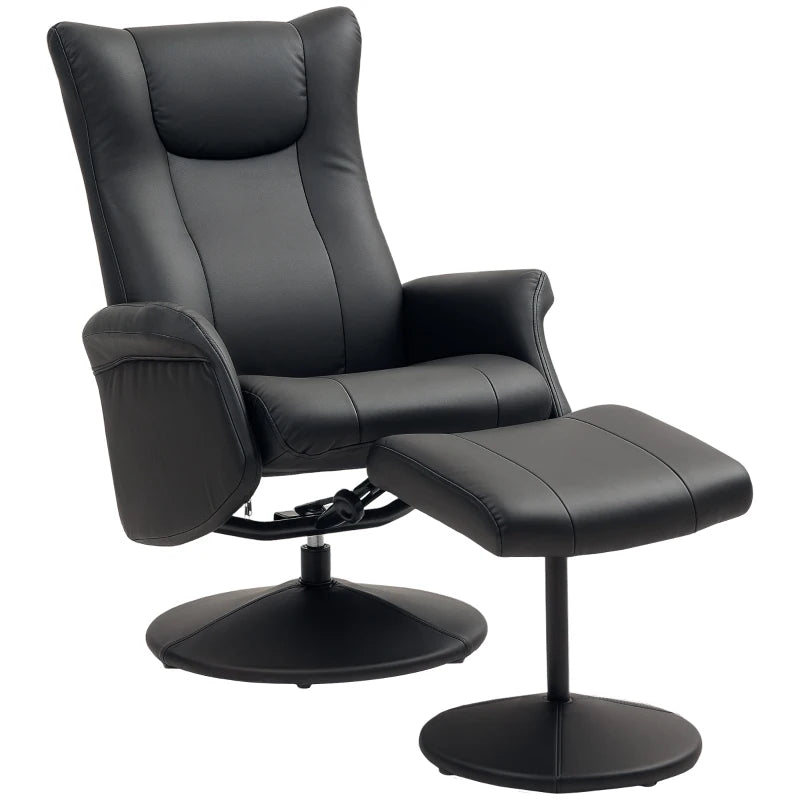 Stylish Swivel Recliner Chair with Footstool - Adjustable PU Leather Armchair for Living Room, Black