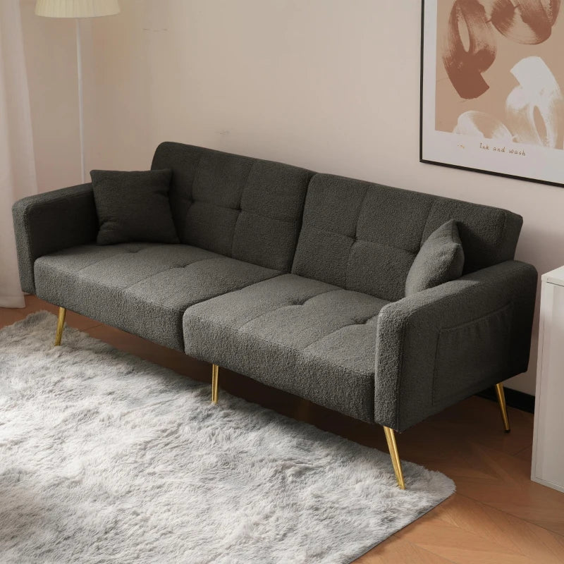 Stylish Modern Loveseat Sofa Bed with Adjustable Backrest, Gold Legs, and Side Storage Pockets in Dark Grey