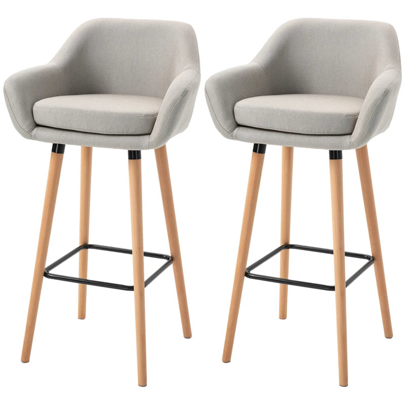Set of 2 Modern Upholstered Bar Stools with Metal Frame & Solid Wood Legs - Beige Fabric Dining Chairs