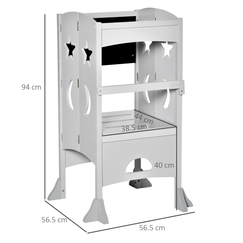 Kids Step Stool with Blackboard & Lockable Handrail - Toddler Kitchen Stool for Safe Counter Access - Grey