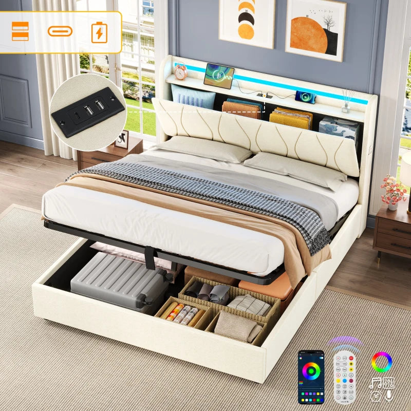 Double Upholstered Bed with LED Headboard & USB Ports - Hydraulic Storage Bed, Beige, 207x136x105 cm - Modern Charging Station
