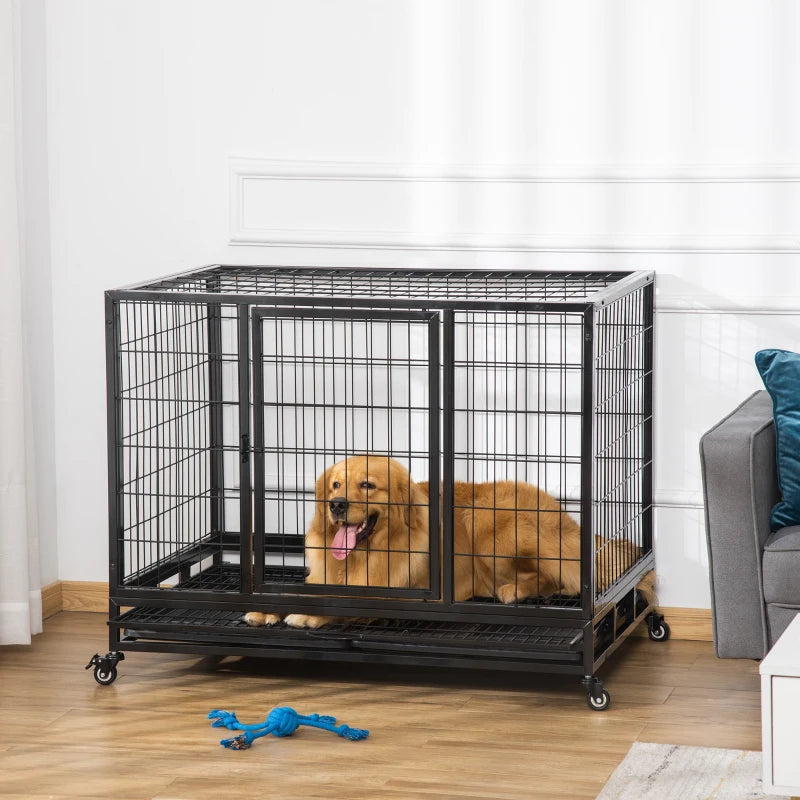 43" Heavy Duty Metal Dog Crate with Tray & Wheels - Large Black Pet Kennel for Dogs