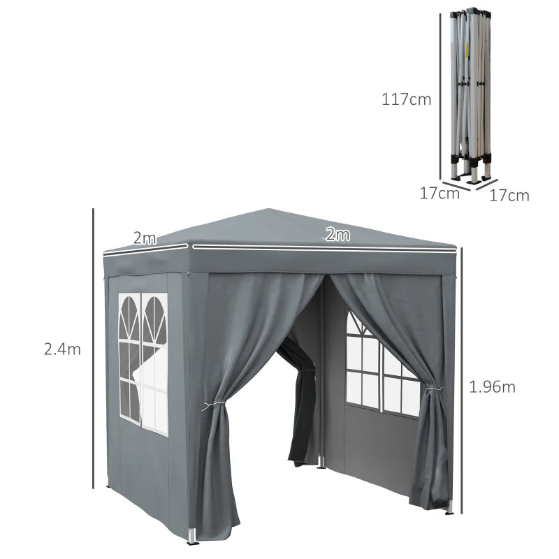 Grey Pop Up Garden Gazebo Tent with Walls and Windows, 2m x 2m