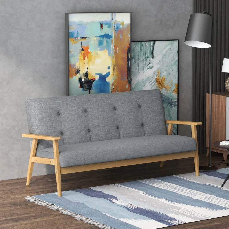 Modern 3-Seater Sofa in Dark Grey Linen Fabric with Tufted Design and Rubberwood Legs for Living Room
