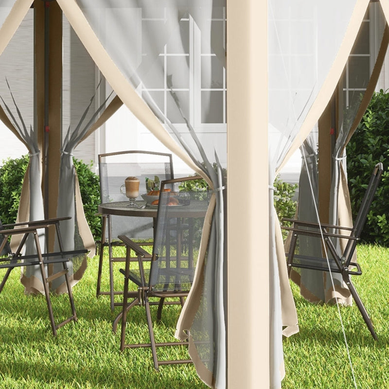 Hexagon Outdoor Patio Gazebo with Netting, Khaki, 3x4m