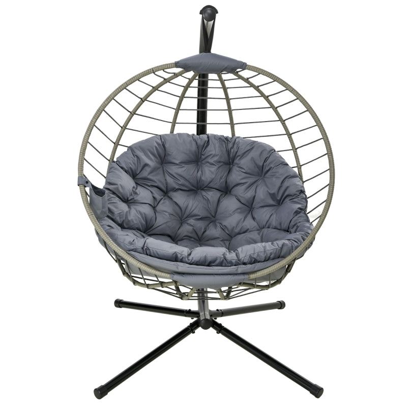 Grey Rattan Swing Chair with Metal Stand and Padded Cushion