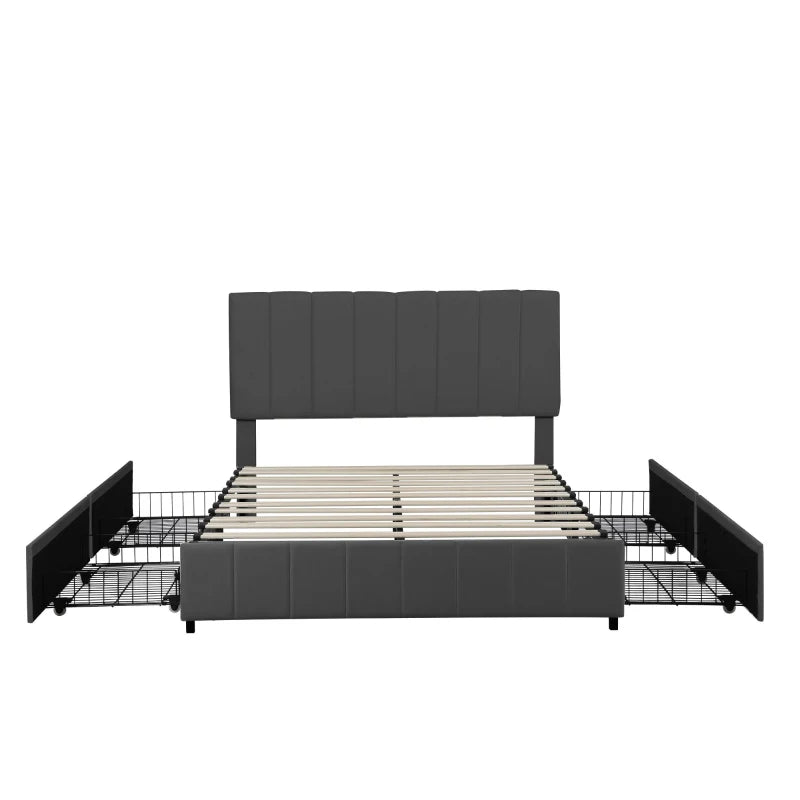 Velvet Double Bed with 4 Storage Drawers & Adjustable Tufted Headboard - Easy Assembly, Grey, 196L x 143W x 108H cm