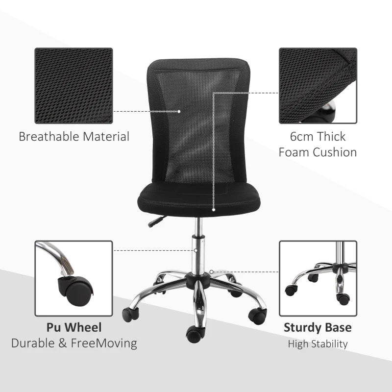 Armless Adjustable Office Chair with Rolling Wheels and Mesh Back for Home and Study Black