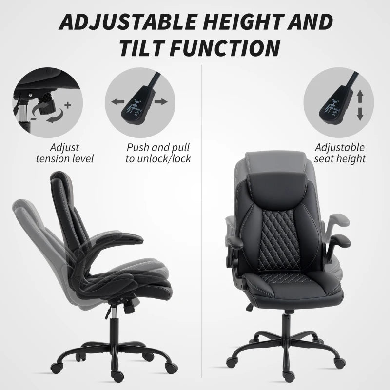 Ergonomic Faux Leather Office Chair with Flip-Up Armrests - Stylish Black Design for Comfort and Productivity