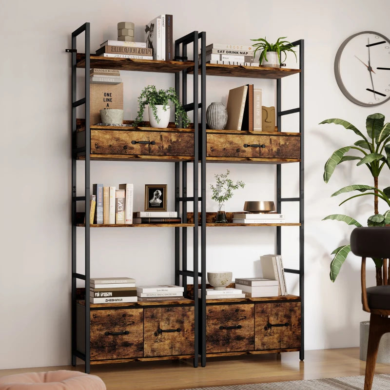 Industrial Style Bookcase with 4 Shelves & 3 Fabric Drawers - Brown & Black Storage Solution for Home or Office