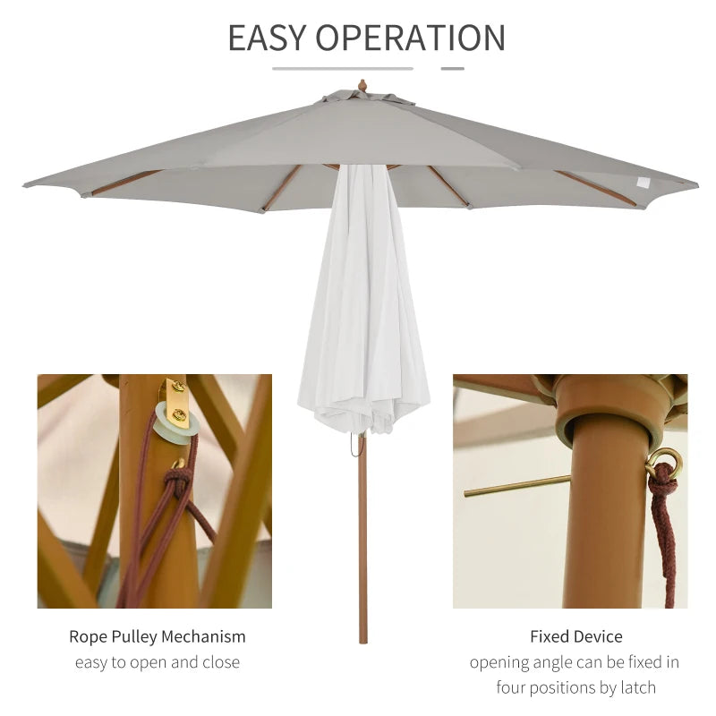 Grey 3m Wooden Patio Umbrella with Pulley Mechanism