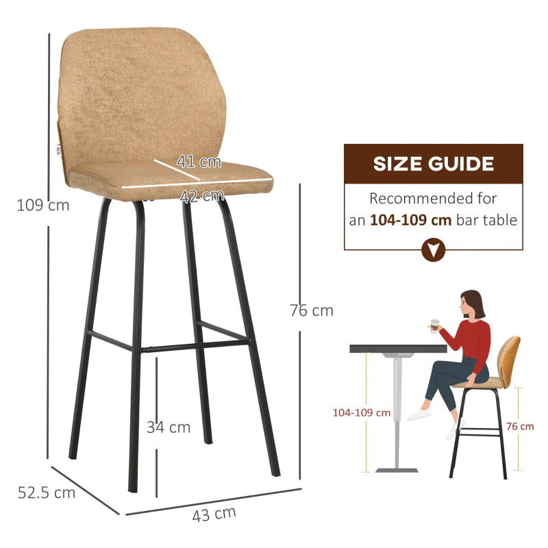Set of 4 Linen-Touch Upholstered Bar Stools with Backs, Steel Legs - Light Brown Kitchen Chairs for Dining Room