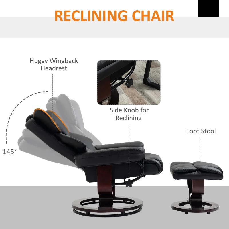 Faux Leather Recliner Chair with Footstool - Swivel Armchair with Adjustable Backrest and Solid Wood Base in Black