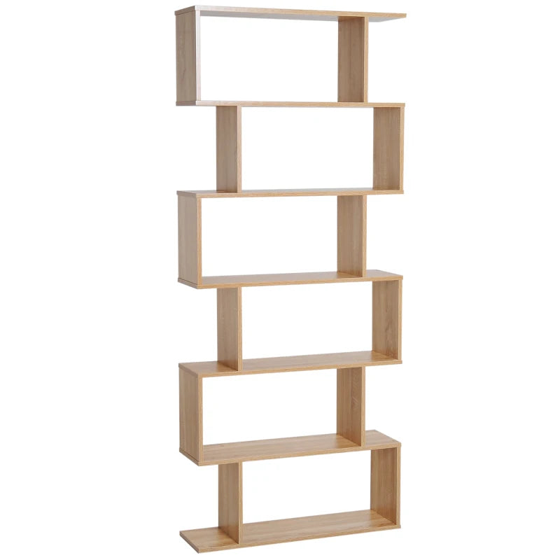 6-Tier S-Shaped Bookcase - Stylish Oak Storage Unit & Display Shelf for Living Room, Bedroom, Home Office, Plants