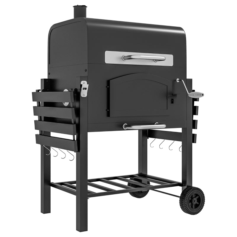 Charcoal BBQ Grill Smoker with Shelves, Thermometer, Opener & Wheels - Black