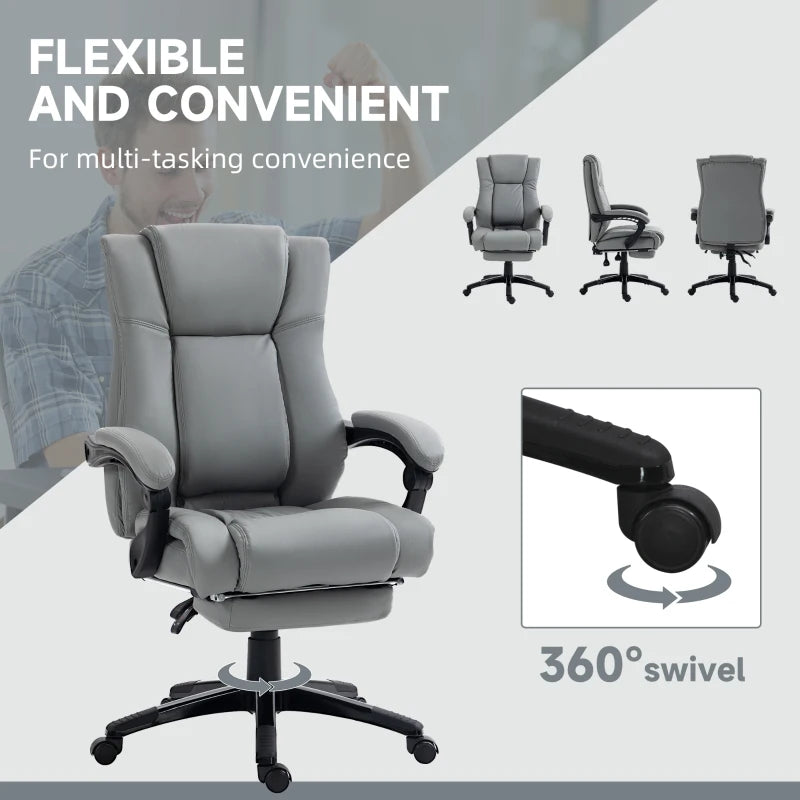 Vinsetto Grey PU Leather Office Chair with Footrest, Swivel Design, Adjustable Height, Wheels - Ergonomic Computer Chair