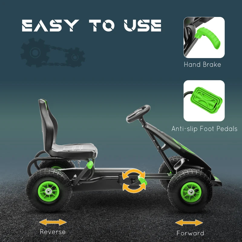 Kids Adjustable Seat Pedal Go Kart with Inflatable Tires for Outdoor Fun Green