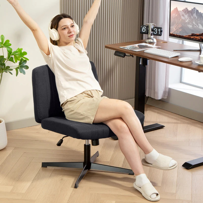 Armless Office Chair with Criss Cross Legs Linen Fabric Wide Seat Thick Padding Adjustable Swivel Desk Chair for Home Black