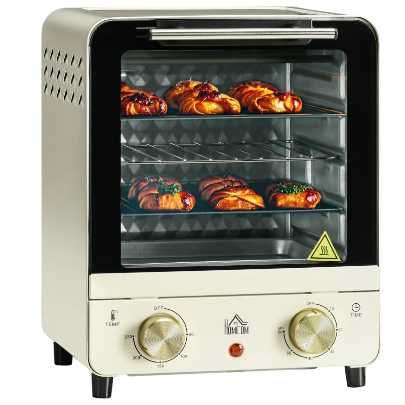 15L Mini Electric Oven & Grill - Adjustable 60-230°C, 60 Min Timer, Includes Baking Tray & Wire Rack, 1000W, Cream White