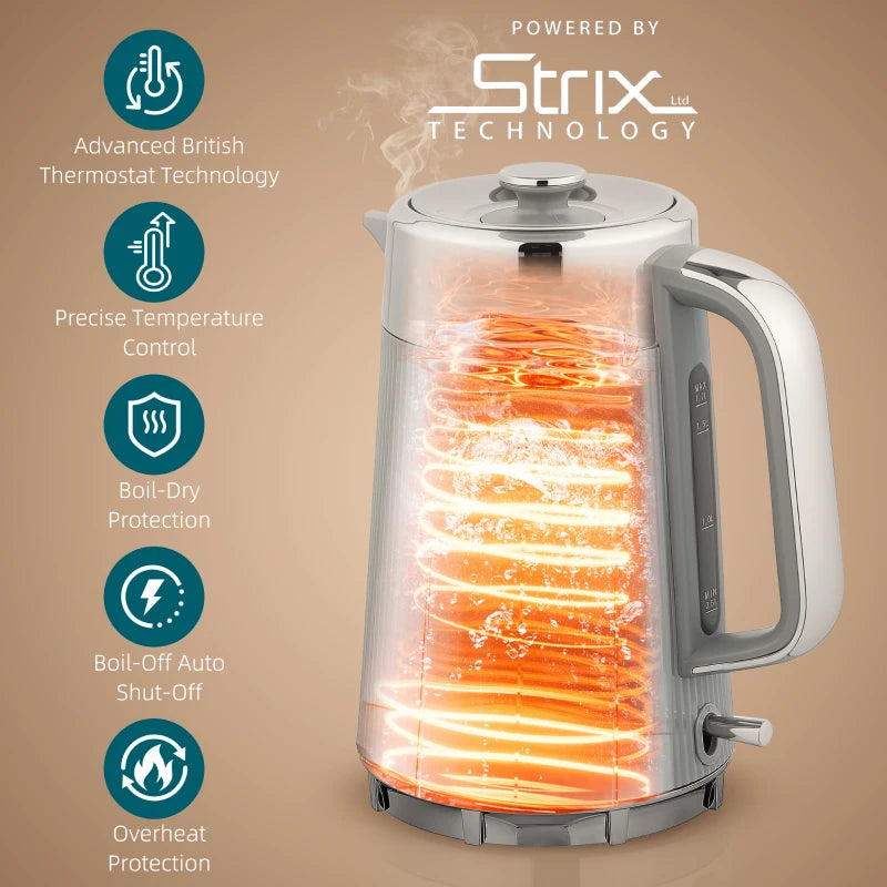 Electric Stainless Steel Kettle & Toaster Set - 3000W Fast Boil 1.7L Kettle with Limescale Filter & 4 Slice Toaster in Taupe