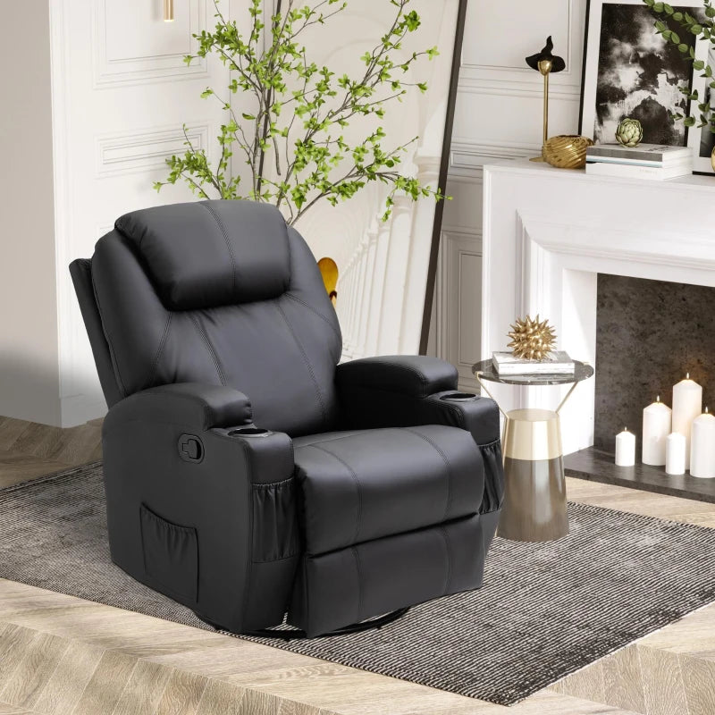 Recliner Massage Rocker Chair with 360° Rotation, 165° Recline, Adjustable Footrest, and Drink Holders for Living Room