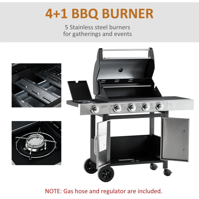 Stainless Steel 4+1 Burner Gas BBQ Grill with Smoker, Side Burner, and Storage Cabinet - Black