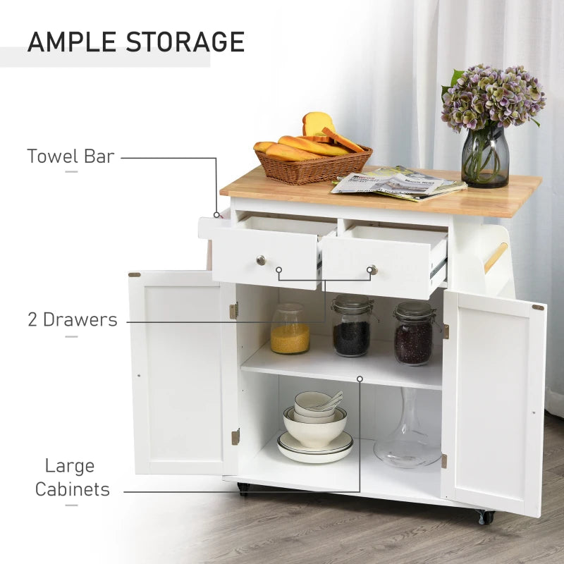Mobile Kitchen Island on Wheels - Rolling Storage Trolley with Rubber Wood Top, 2-Door Cabinets, Adjustable Shelf & Spice Rack