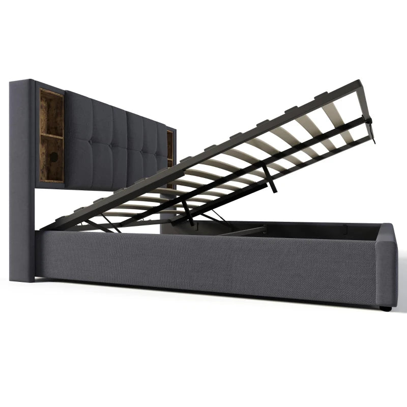 Upholstered King Size Bed Frame with Wireless Charging & Hydraulic Storage - Grey Linen Fabric, 206L x 155W x 100.5H cm