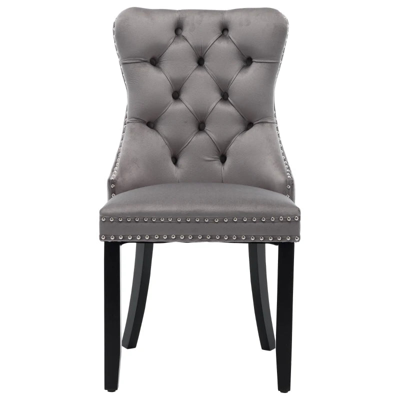 Set of 2 Grey Velvet Dining Chairs with Knocker Ring, Button Tufted Backrest & Rubber Wood Legs - Stylish & Comfortable